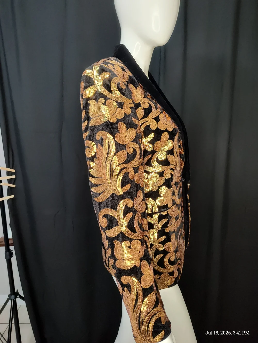 Bling Tuxedo Blazer Black Velvet W/Gold Floral Sequin Pattern 14Y Sz